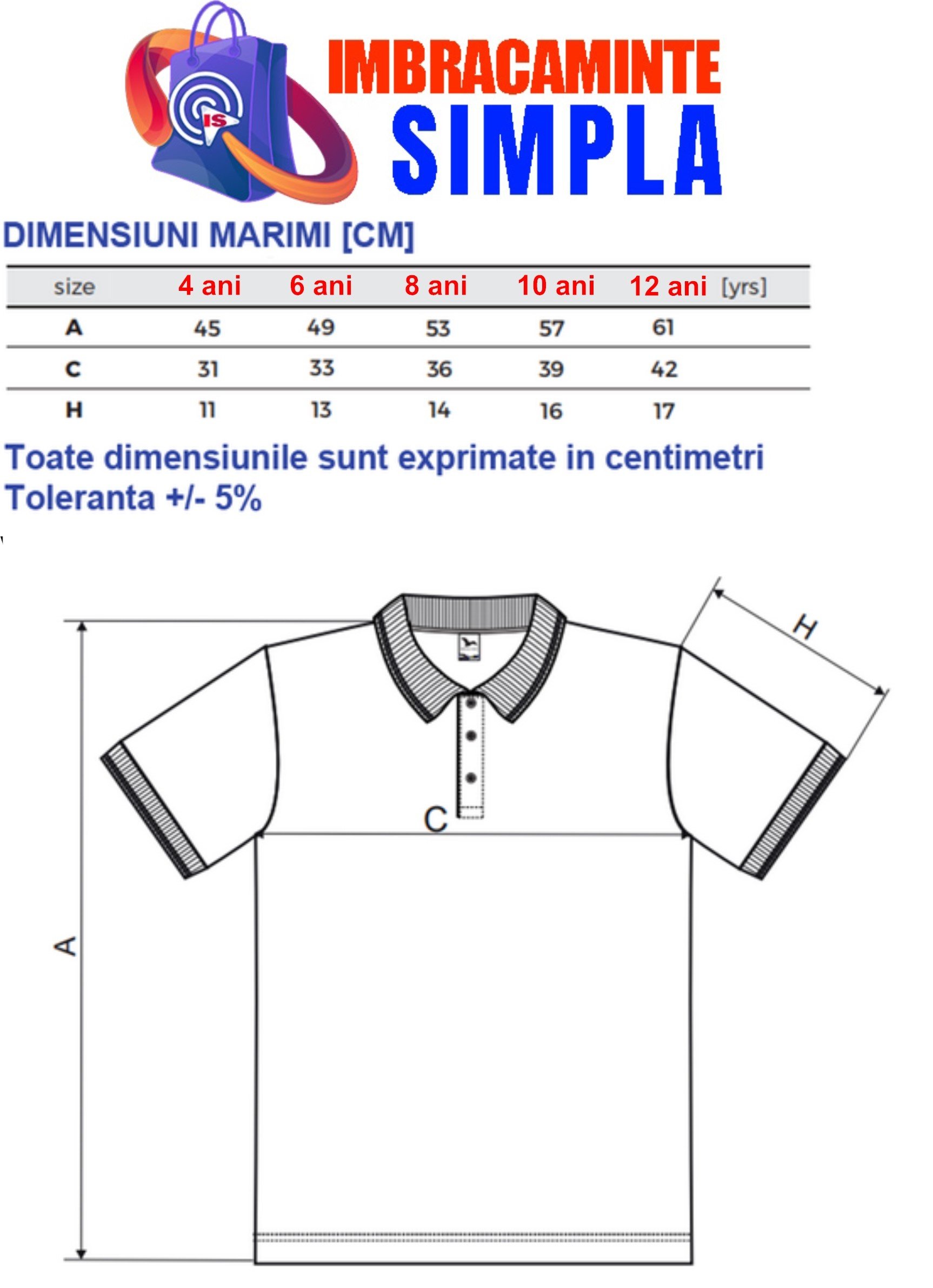 Tricouri Polo copii baieti si fete tabelul de marimi si dimensiuni